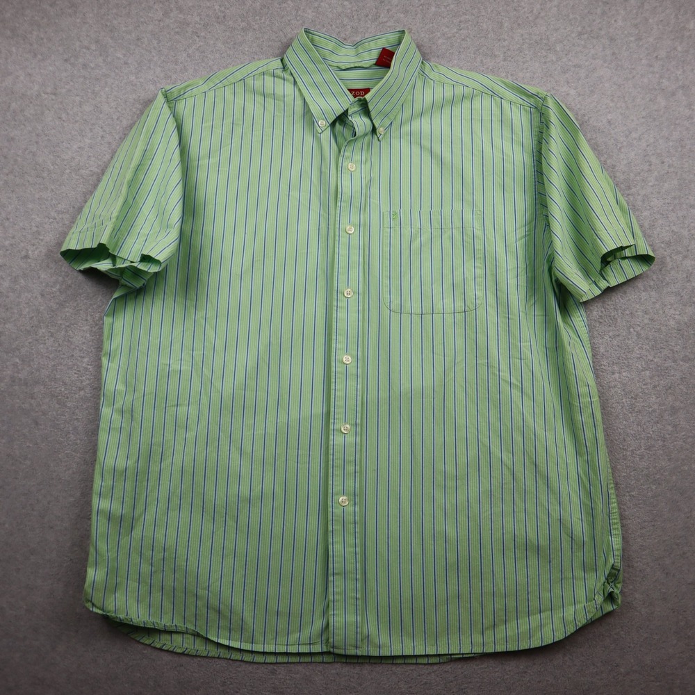 IZOD Shirt Mens XL Luxury Sport Green Striped Short Sleeve Button Down Cotton